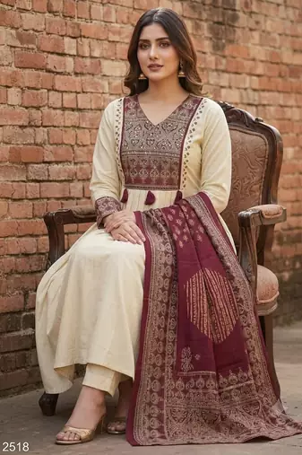 cream & maroon embroidered mirror work viscose rayon a-line kurta pant set with dupatta