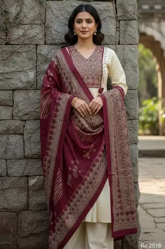 cream & maroon embroidered mirror work viscose rayon a-line kurta pant set with dupatta
