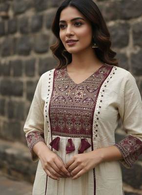 cream & maroon embroidered mirror work viscose rayon a-line kurta pant set with dupatta 4