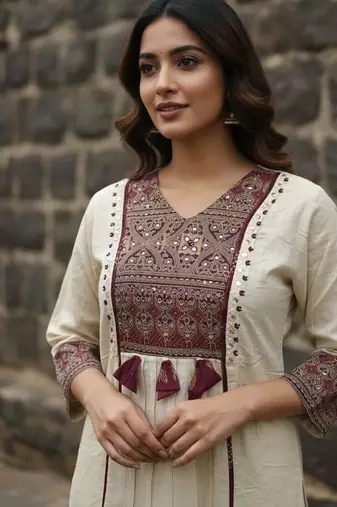 cream & maroon embroidered mirror work viscose rayon a-line kurta pant set with dupatta