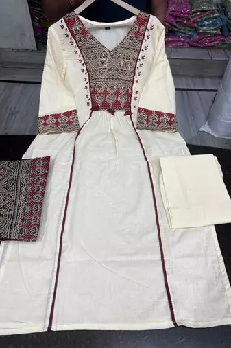 cream & maroon embroidered mirror work viscose rayon a-line kurta pant set with dupatta