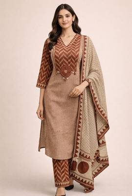 Beautiful jaipuri brown geometric block printed pure cotton straight kurta pant set with dupatta 1