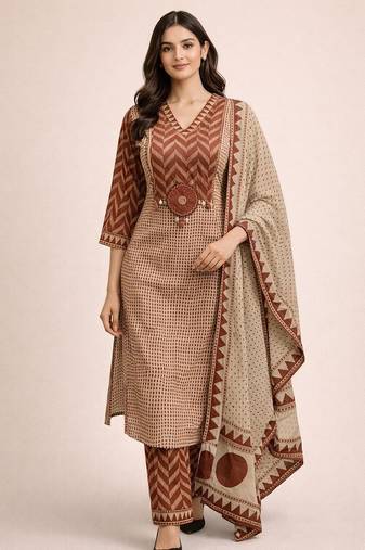 Beautiful jaipuri brown geometric block printed pure cotton straight kurta pant set with dupatta