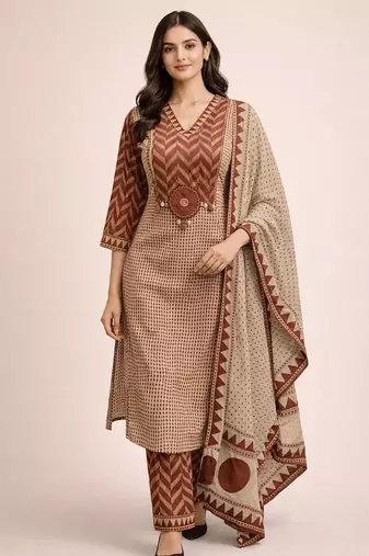 Beautiful jaipuri brown geometric block printed pure cotton straight kurta pant set with dupatta