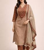 Beautiful jaipuri brown geometric block printed pure cotton straight kurta pant set with dupatta