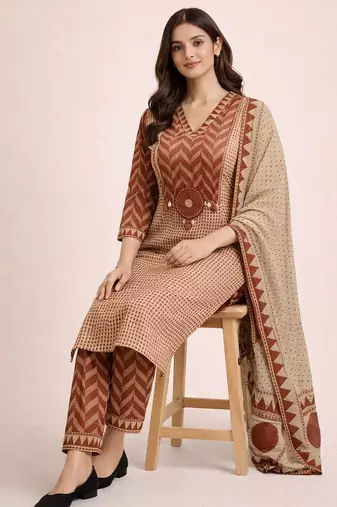 Beautiful jaipuri brown geometric block printed pure cotton straight kurta pant set with dupatta
