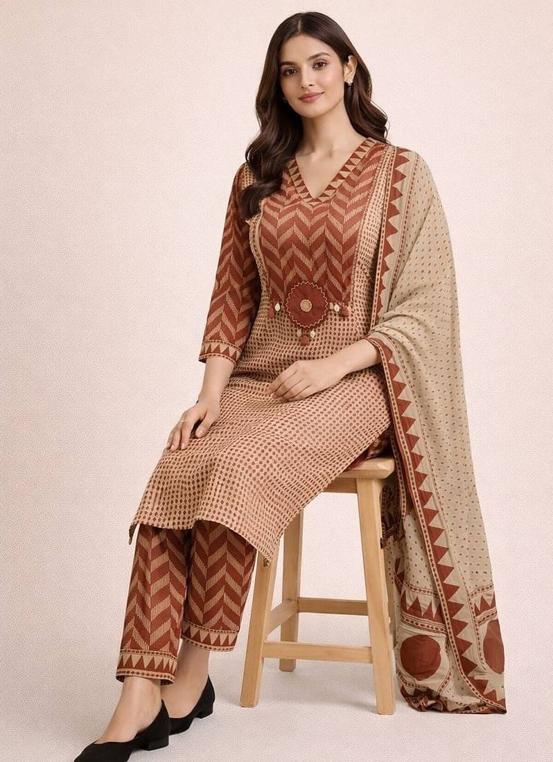 Beautiful jaipuri brown geometric block printed pure cotton straight kurta pant set with dupatta