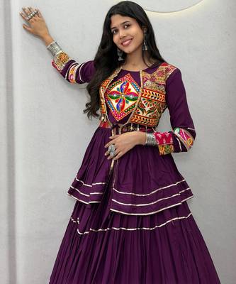 Dark Purple Heavy gamthi work Cotton Navratri Lahenga Choli Koti 2