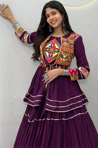 Dark Purple Heavy gamthi work Cotton Navratri Lahenga Choli Koti