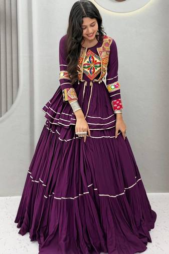 Dark Purple Heavy gamthi work Cotton Navratri Lahenga Choli Koti