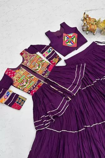 Dark Purple Heavy gamthi work Cotton Navratri Lahenga Choli Koti