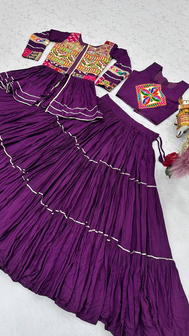 Dark Purple Heavy gamthi work Cotton Navratri Lahenga Choli Koti