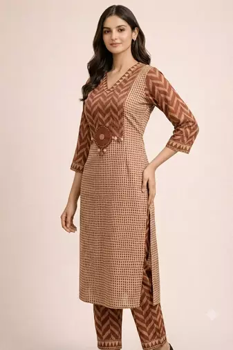 Beautiful jaipuri brown geometric block printed pure cotton straight kurta pant set with dupatta