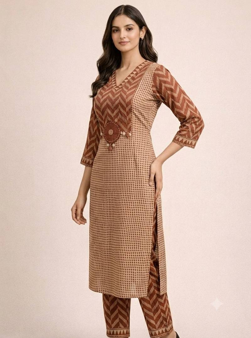 Beautiful jaipuri brown geometric block printed pure cotton straight kurta pant set with dupatta