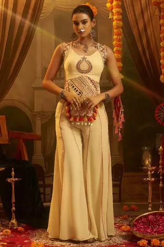 Cream navratri special georgette top & palazzo set