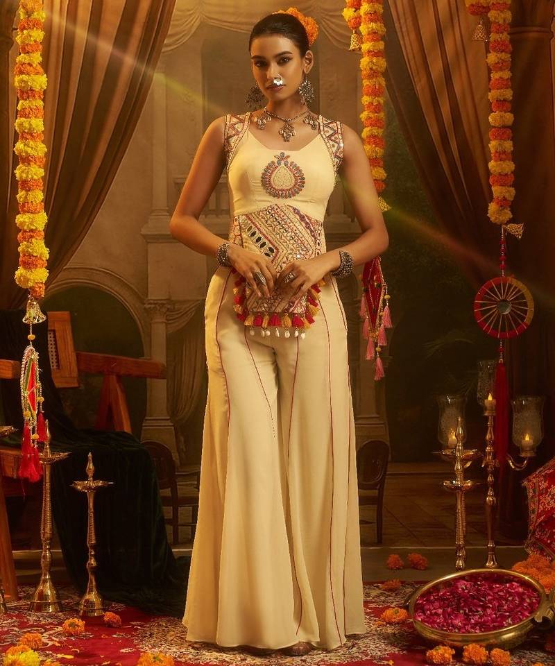 Cream navratri special georgette top & palazzo set