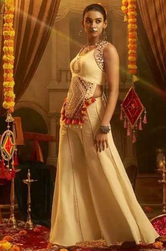 Cream navratri special georgette top & palazzo set