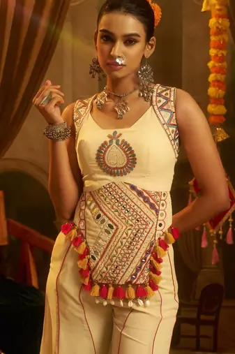 Cream navratri special georgette top & palazzo set