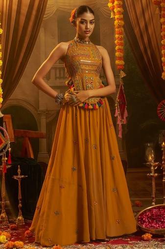 Mustard navratri special georgette top & SKIRT set