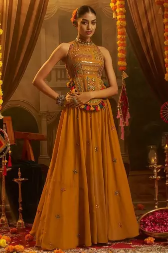 Mustard navratri special georgette top & SKIRT set