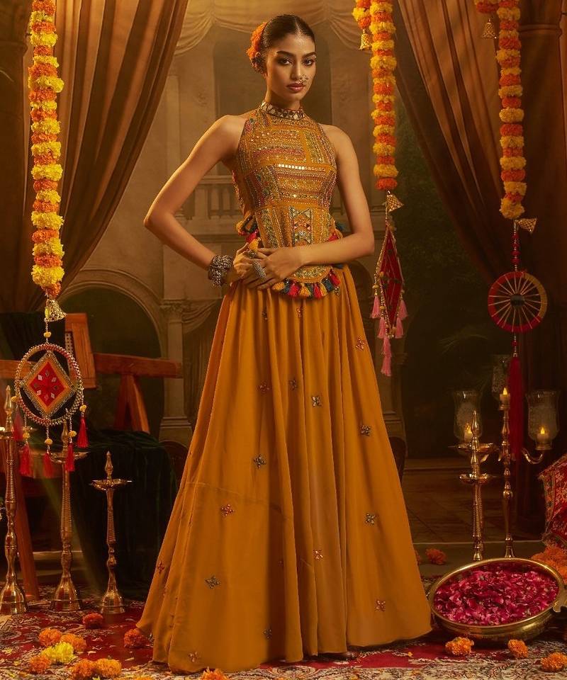 Mustard navratri special georgette top & SKIRT set
