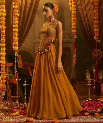 Mustard navratri special georgette top & SKIRT set 2