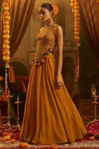Mustard navratri special georgette top & SKIRT set