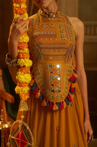 Mustard navratri special georgette top & SKIRT set