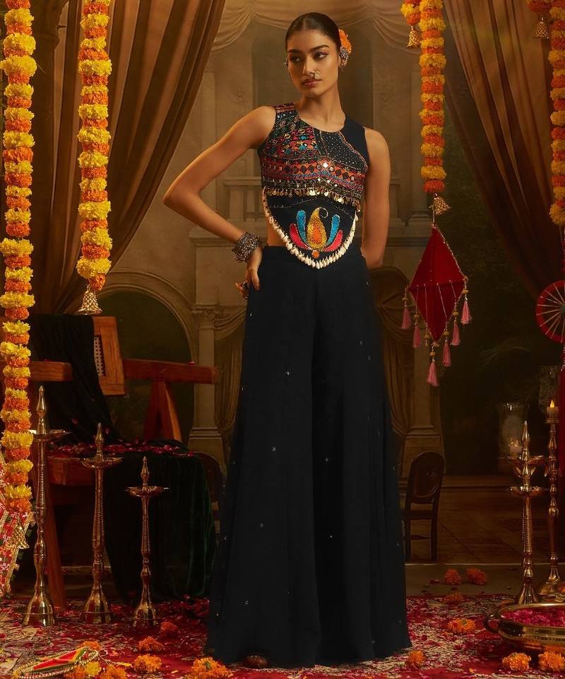 Black navratri special georgette top & palazzo set