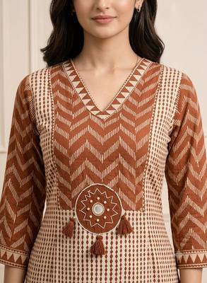Beautiful jaipuri brown geometric block printed pure cotton straight kurta pant set with dupatta 4
