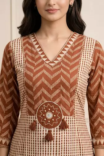 Beautiful jaipuri brown geometric block printed pure cotton straight kurta pant set with dupatta