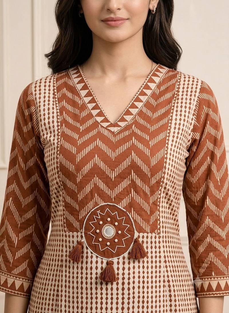 Beautiful jaipuri brown geometric block printed pure cotton straight kurta pant set with dupatta