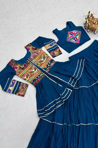 Teal Heavy gamthi work Cotton Navratri Lahenga Choli Koti