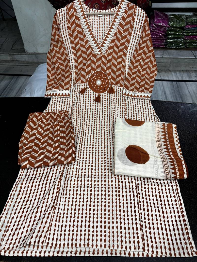 Beautiful jaipuri brown geometric block printed pure cotton straight kurta pant set with dupatta