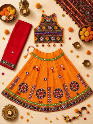 Yellow kutch work embroidered cotton mirrorwork chaniya choli set with dupatta 1