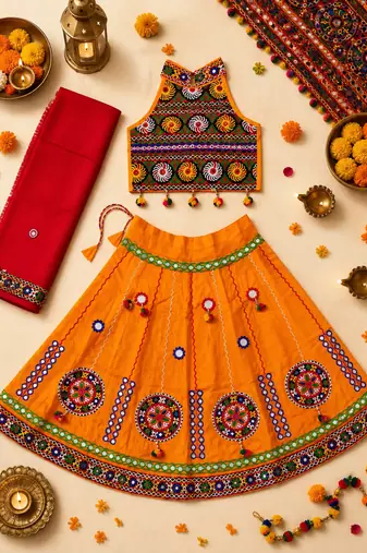 Yellow kutch work embroidered cotton mirrorwork chaniya choli set with dupatta