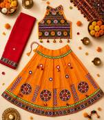 Yellow kutch work embroidered cotton mirrorwork chaniya choli set with dupatta