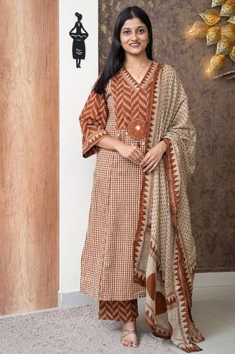 rust & beige block print cotton straight kurta set