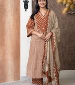 rust & beige block print cotton straight kurta set
