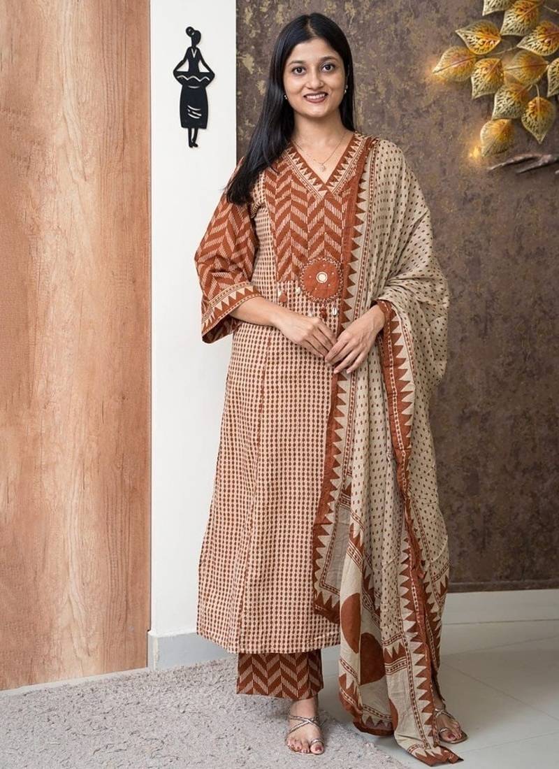 rust & beige block print cotton straight kurta set