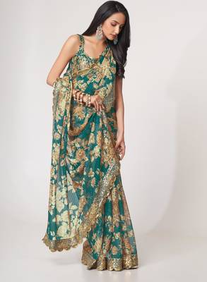 Deep Teal green features antique gold floral prints and Richly covered with gold sequin embroidered saree 6