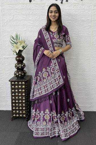 Teal Color Printed And Mirror Work Satin Lehenga Choli Set