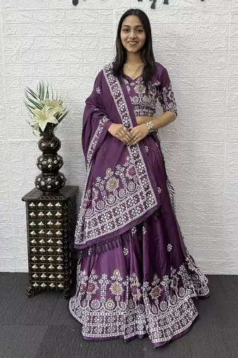 Teal Color Printed And Mirror Work Satin Lehenga Choli Set