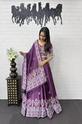 Teal Color Printed And Mirror Work Satin Lehenga Choli Set