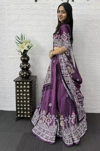 Teal Color Printed And Mirror Work Satin Lehenga Choli Set