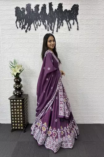 Teal Color Printed And Mirror Work Satin Lehenga Choli Set