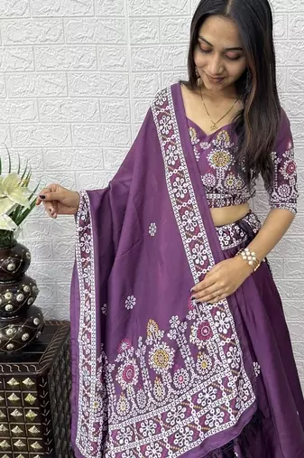 Teal Color Printed And Mirror Work Satin Lehenga Choli Set