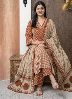 rust & beige block print cotton straight kurta set 2