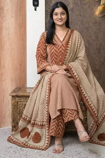 rust & beige block print cotton straight kurta set