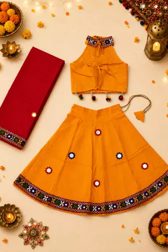 Yellow kutch work embroidered cotton mirrorwork chaniya choli set with dupatta